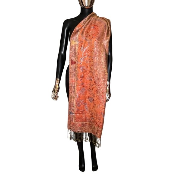 Rust Orange Pashmina Silk Blend Oversized Scarf Wrap Shawl - Picture 6 of 9